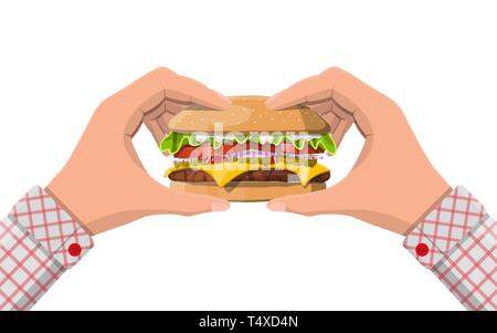 Gustosa burger isolato in mani. Burger con cipolla, salate, Cetriolo, Insalata di pomodoro, formaggio, salsa, bun con semi di sesamo e fettine di manzo. Fast food. Illustrazione Vettoriale
