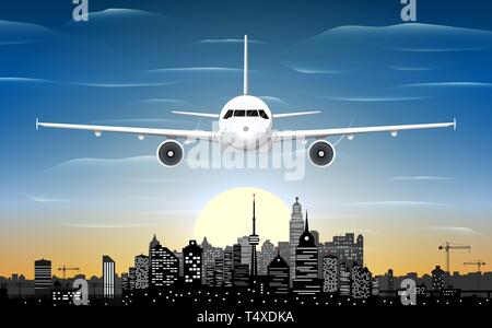 Aeroplano e dello skyline della città silhouette al tramonto. Skyscappers, torri, office e edifici residenziale. Paesaggio urbano sotto il cielo, nuvole e sole. Vector illu Illustrazione Vettoriale