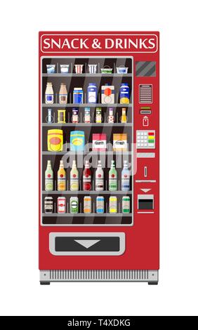 Distributore automatico di cibo e bevande. Bottiglie e lattine con bevande, scaglie di cioccolato e altri snack. Illustrazione Vettoriale in stile piatto Illustrazione Vettoriale