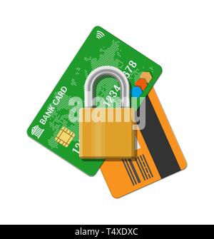 Banca o carta di credito con pad lock. Sistema di pagamento sicuro con chip. Il lucchetto e scheda di plastica. La sicurezza dei pagamenti. Pagamenti Sicuri, soldi sotto la protezione. Illustrazione Vettoriale