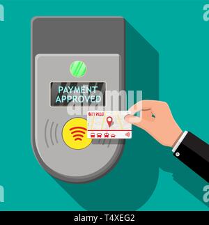 Mano che tiene il trasporto carta vicino al terminale. Aeroporto, metro, autobus per un biglietto della metropolitana validator del terminale. Accesso wireless, contactless o pagamenti senza contanti, rfid nfc Illustrazione Vettoriale