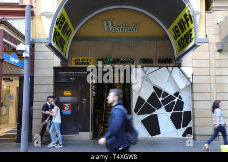 Ingresso di JB Hi-Fi Home, Westfield Sydney su Pitt Street Mall. Foto Stock