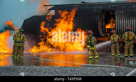 I vigili del fuoco lavorano insieme per combattere un tripudio durante un esercizio a Sheppard Air Force Base in Texas, 17 aprile 2019. Reparti da Sheppard, Wichita Falls, Texas, e Lawton, Oklahoma, fatta convergere sul Sheppard AFB una buca per il fuoco alla pratica di diversi metodi di lotta contro un incendio di aeromobili. (U.S. Air Force foto da John Ingle) Foto Stock