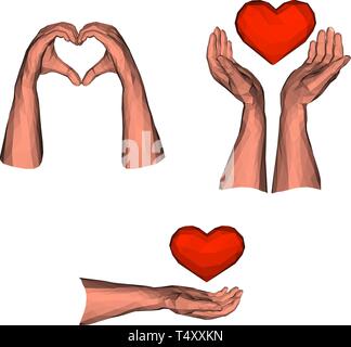 Raccolta di cuore isolato di gesti da bassa poli mani e abstract emozioni di amore romantico Illustrazione Vettoriale