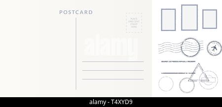Elementi postali set: vuoto indietro cartoline, francobolli e annulla segna le impronte Illustrazione Vettoriale