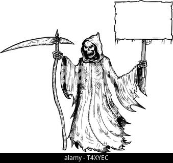 Cartoon stick figura disegno illustrazione concettuale di Grim Reaper con la falce e nella cappa nera tenendo vuoto segno per il tuo testo. Illustrazione Vettoriale