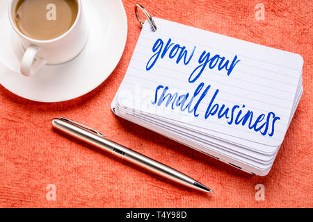 Cresciuta la vostra piccola azienda - promemoria o consigli su una pila di schede indice con una tazza di caffè Foto Stock