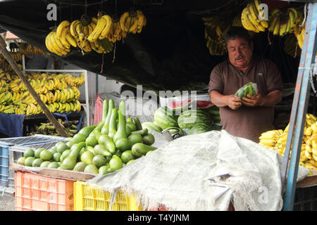 Merida, Venezuela - Aprile 4, 2017: Sconosciuto uomo vendita di frutti a Soto Rosa mercato. Foto Stock