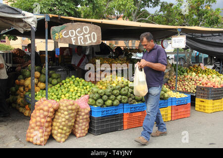 Merida, Venezuela - Aprile 4, 2017: Sconosciuto uomo passa attraverso il frutto si spegne al di soto Rosa mercato. Foto Stock