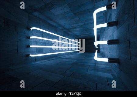 3D rendering, incandescente magic linee nella camera anbanoned, sfondo scuro, computer immagine digitale Foto Stock