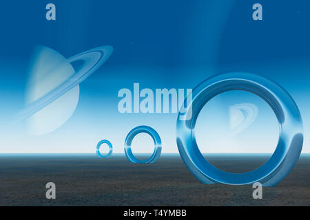 Pianeti con cinghie planetario, anelli splendente su la superficie del pianeta, rendering 3D Foto Stock