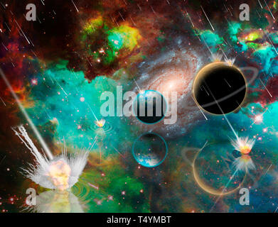 Armageddon planetario, enorme meteorite asteroide doccia distruggere pianeti, rendering 3D Foto Stock
