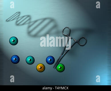 Bulbi oculari colorati, DNA, chirurgia strumento forbici Foto Stock