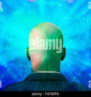 Uomo calvo in tuta, luce splendente Foto Stock