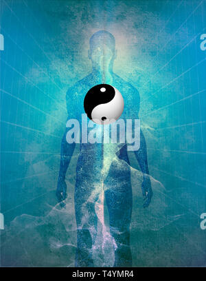 Yin Yang simbolo sulla sagoma umana Foto Stock