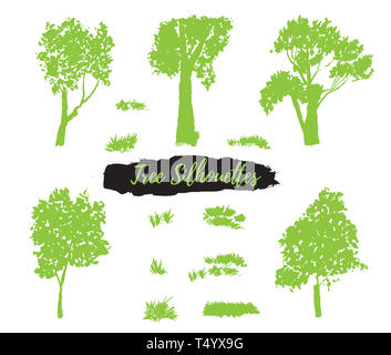 Raccolta di sagome di alberi e erbe aromatiche, dipinte a mano con acquerelli su sfondo bianco. Il formato. Foto Stock