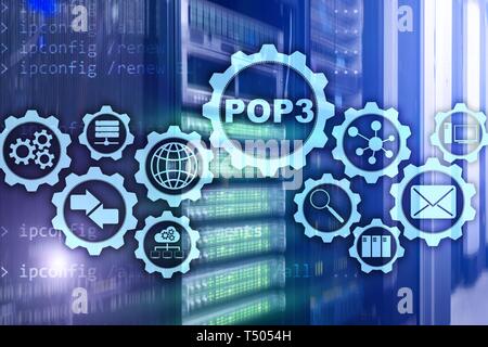 POP3. Post Office Protocol versione 3. Protocollo Internet standard sul background del datacenter. Foto Stock