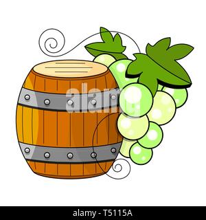 Prodotti di vinificazione in stile sketch. Illustrazione Vettoriale con botte di vino, vetro, uve, mosto ramoscello, caraffa. Alcolica classica Illustrazione Vettoriale