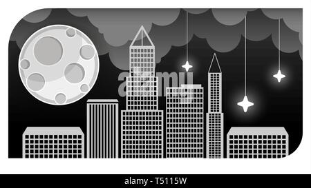 La città di notte illustrazione vettoriale. Dark urban scape. Paesaggio urbano di notte in uno stile piatto Illustrazione Vettoriale