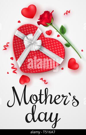 Felice Festa della mamma flyer. Vista dall'alto. Composizione romantica con scatola regalo modello di cuore e rose fiore. Festosa banner web. Sparse coriandoli e hea Illustrazione Vettoriale