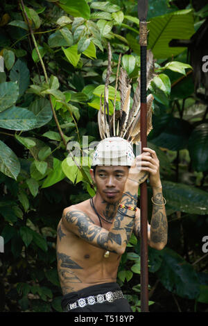 Tatuato Penan uomo tribale con lancia Sarawak Villaggio Culturale, Kuching, Sarawak (Borneo), Malaysia Foto Stock