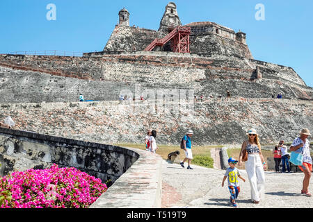 Cartagena Colombia, Castillo de San Felipe de Barajas, collina di San Lazaro, storico castello coloniale fortezza, Patrimonio dell'Umanità, residenti ispanici Foto Stock