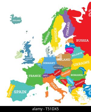 Mappa politica del continente Europa isolata su bianco. Illustrazione Vettoriale. Nome del paese etichette. Illustrazione Vettoriale