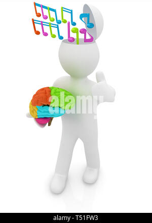 3d persone - uomo con mezza testa, cervello e trumb fino. Concetto Сomposer con colorfull nota Foto Stock