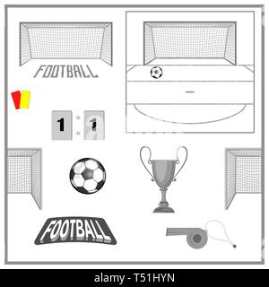 Set di accessori per giocare a calcio. isolare su sfondo bianco. Illustrazione Vettoriale