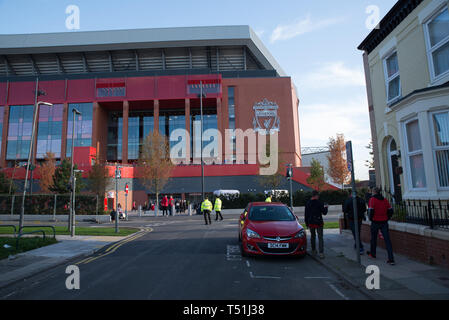 Anfield Road cavalletto principale, Liverpool FC football ground, Liverpool. Foto Stock