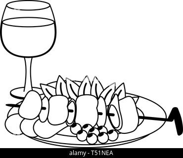 Cibo Goumet con bicchiere di vino in bianco e nero Illustrazione Vettoriale