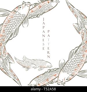 Giapponese di pesci koi template vettoriale. Copia asiatica di sfondo spazio. Disegnato a mano sullo sfondo di pesce. Illustrazione Vettoriale