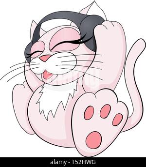 Carino e adorabile gatto colorato con le cuffie per ascoltare musica Illustrazione Vettoriale