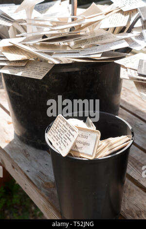 Pianta di giardino le etichette in Potting Shed Foto Stock