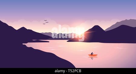 Lonely canoa avventura con barca arancione all'alba sul lago illustrazione vettoriale EPS10 Illustrazione Vettoriale