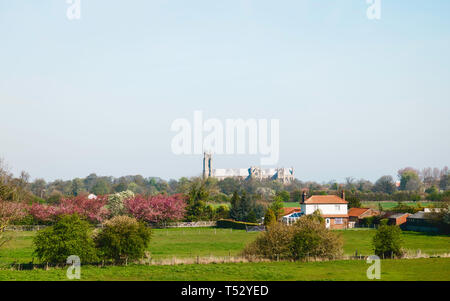 Vista del paesaggio rurale con terreni coltivati e alberi con il Ministro all'orizzonte in una giornata di sole in primavera a Beverley, Yorkshire, Regno Unito. Foto Stock