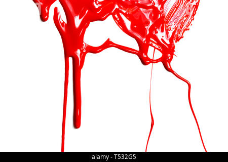 Spessore della vernice rossa su uno sfondo bianco. Flussi di vernice Foto Stock