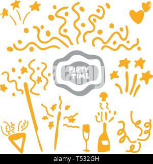 Le icone di festa di festa, i simboli monoventali, lo stile del doodle. Epidemie ed esplosioni di festa. Illustrazione Vettoriale