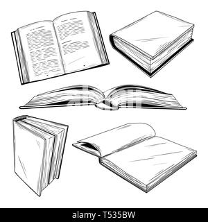 Insieme di diversi libri su uno sfondo bianco. Illustrazione Vettoriale nel disegno stile. Illustrazione Vettoriale