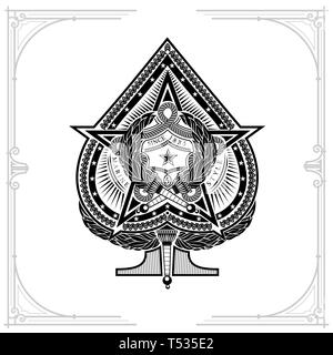 Asso di picche con grandi stelle in centro e due croce torcia all'interno di etichette vintage su bianco Illustrazione Vettoriale