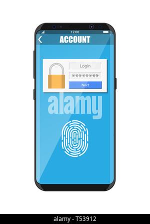 Smartphone Sbloccato dal sensore di impronte digitali. Telefono cellulare di sicurezza personale, accesso tramite dito, login form nella gestione account, autorizzazione networ Illustrazione Vettoriale