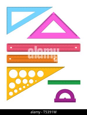 Misurazione di plastica righelli set. Goniometro, triangolo, i righelli di misurazione di diverse dimensioni. Strumenti per l'istruzione e lavoro. Articoli di cancelleria e forniture per ufficio. V Illustrazione Vettoriale