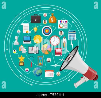 Altoparlante o un megafono e le diverse icone. Marketing digitale, social media, rete. Annuncio l'elemento. Illustrazione Vettoriale in stile piatto Illustrazione Vettoriale