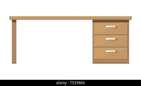 Scrivania in legno con cassetto. Tabella di colore marrone con armadietti. Il luogo di lavoro e la documentazione. Ufficio mobili di lavoro. Illustrazione Vettoriale in stile piatto Illustrazione Vettoriale