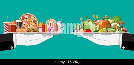 Vassoio con fast food e prodotti organici. La dieta, nutrizione, fitness e di perdita di peso o sovrappeso e grasso. Colesterolo grassi vs. vitamine da vegetab Illustrazione Vettoriale