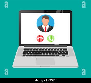 Videochiamata in arrivo sul computer portatile. Foto di un uomo, declino e accettare i pulsanti su schermo del notebook. Incontro Online, videocall, webinar di formazione o. Mal di vettore Illustrazione Vettoriale