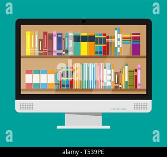 Il monitor di un computer e da scaffale. Biblioteca digitale, prenotare online store, e-lettura. Libreria con libri diversi. Illustrazione Vettoriale in stile piatto Illustrazione Vettoriale