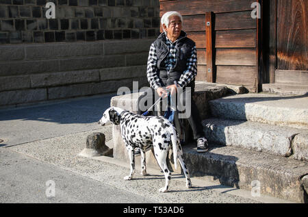 KURASHIKI, Giappone - 31 Marzo 2019: giapponese uomo con un cane di razza dalmata di appoggio sui gradini vicino alla casa di Kurashiki city, Giappone. Foto Stock