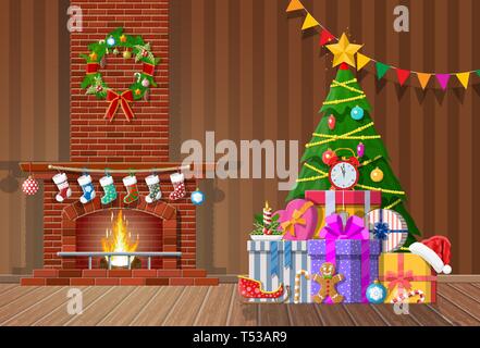 Natale interno della camera con albero, doni e decorate caminetto. Felice anno nuovo decoro. Auguri di Buon Natale. Nuovo anno e la celebrazione del Natale Illustrazione Vettoriale