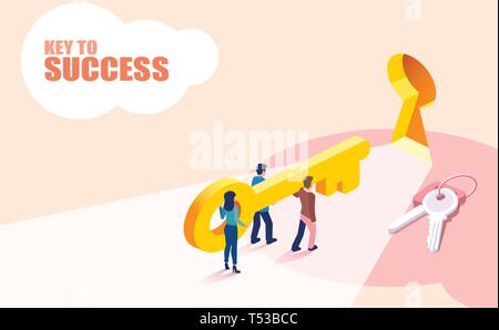 Vettore isometrica del gruppo di persone del team di business chiave di sollevamento per il successo. La cooperazione e il lavoro di squadra concetto Illustrazione Vettoriale